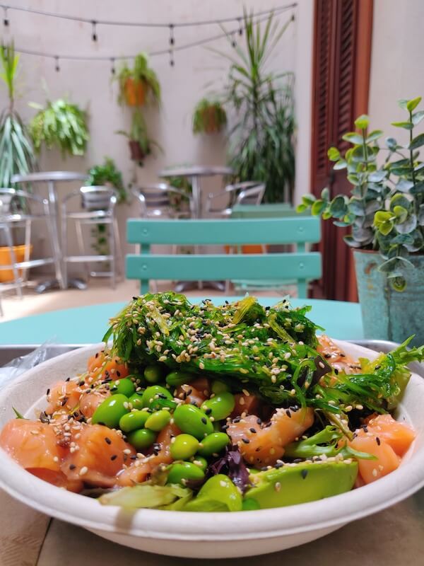 bowl of fresh salmon, edamame, seaweed, and avocado from Stuffed Avocado Shop in San Juan, Puerto Rico