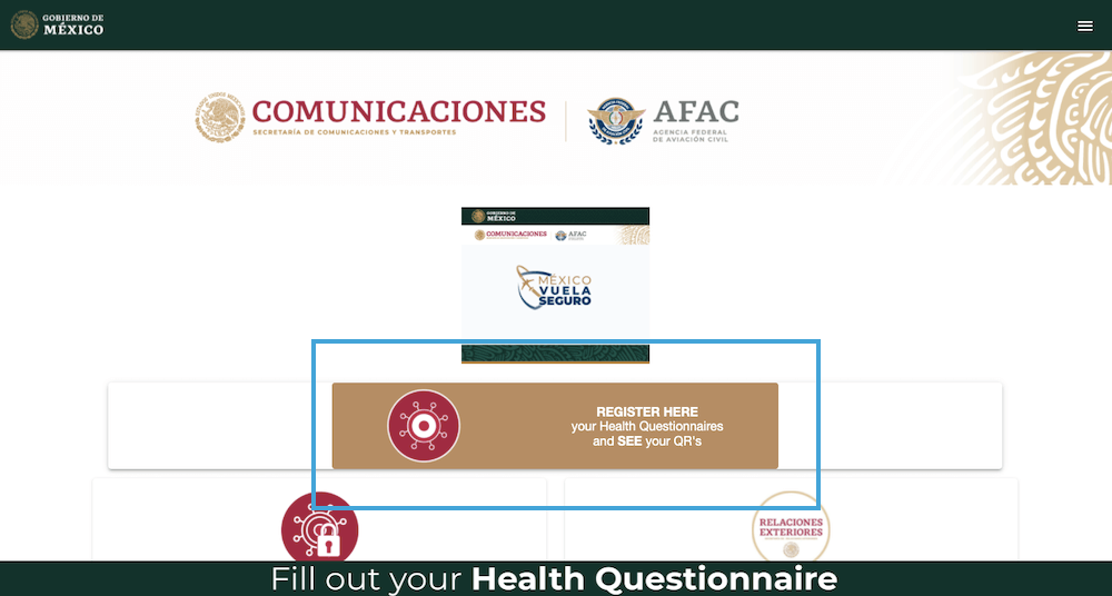 Screenshot of Vuela Seguro Fly Safe mexico health declaration form 