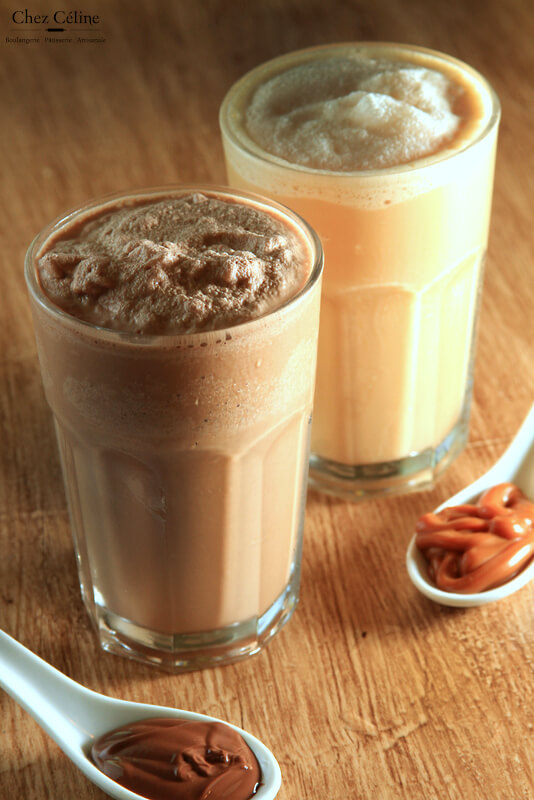 Two smoothies in glasses: nutella frappe and dulce de leche frappe from Chez Celine in Playa del Carmen