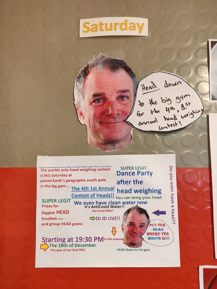 A colorful poster with varying text advertising the South Pole Head Weighing Contest