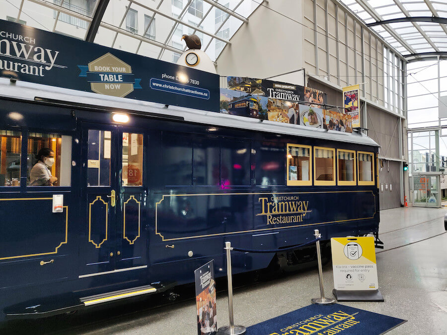 Exterior of the Christchurch Tramway Restaurant- a blue tram car