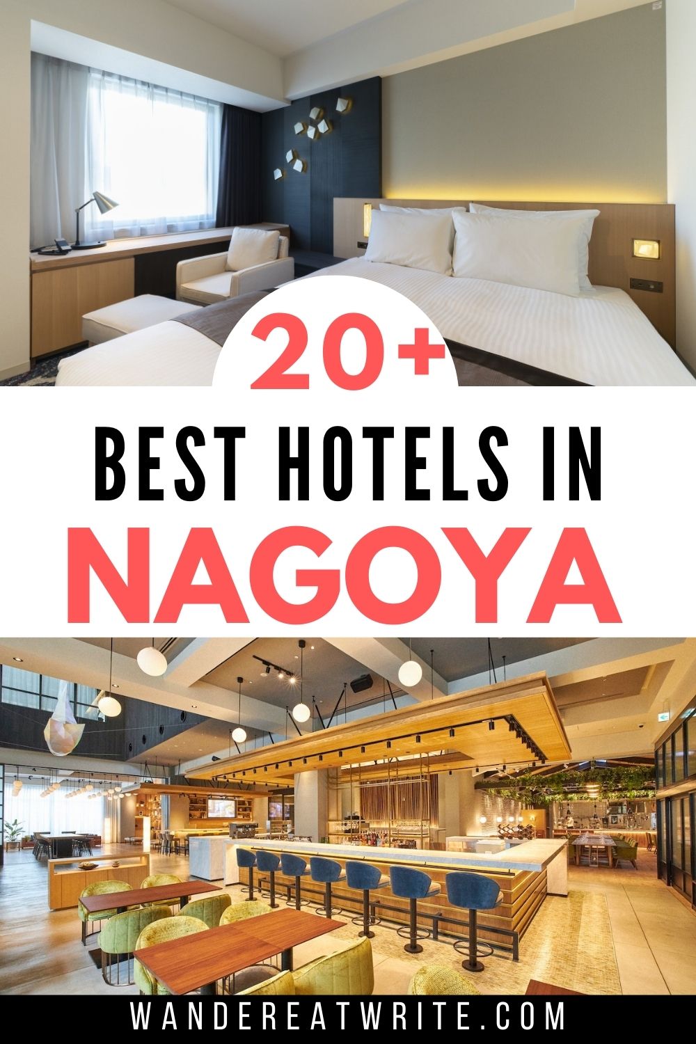 Pin title: 20+ Best Hotels in Nagoya. Image showing a modern hotel room featuring a plush bed, stylish decor, and natural light coming through a large window.